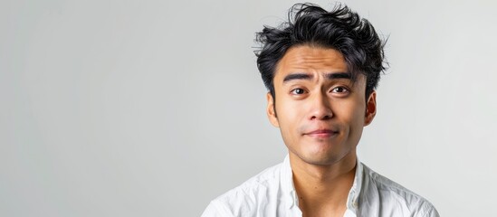 Obraz premium Asian Indonesian man in white shirt with random expression against white background in copy space image