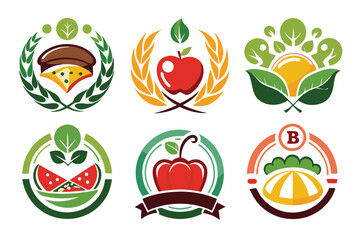 Six Colorful Circular Logos Featuring Food and Nature Elements