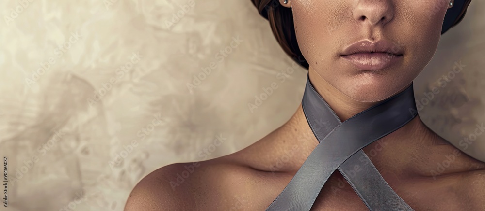 Poster top view image of a woman with a grey awareness ribbon on a beige background with an area available 