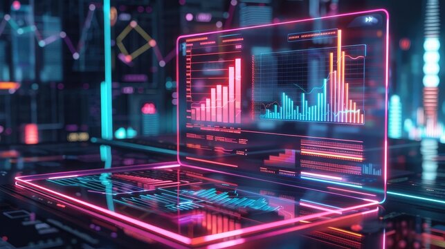 Business collapse, holographic price reduction, futuristic economic crisis, neon interface