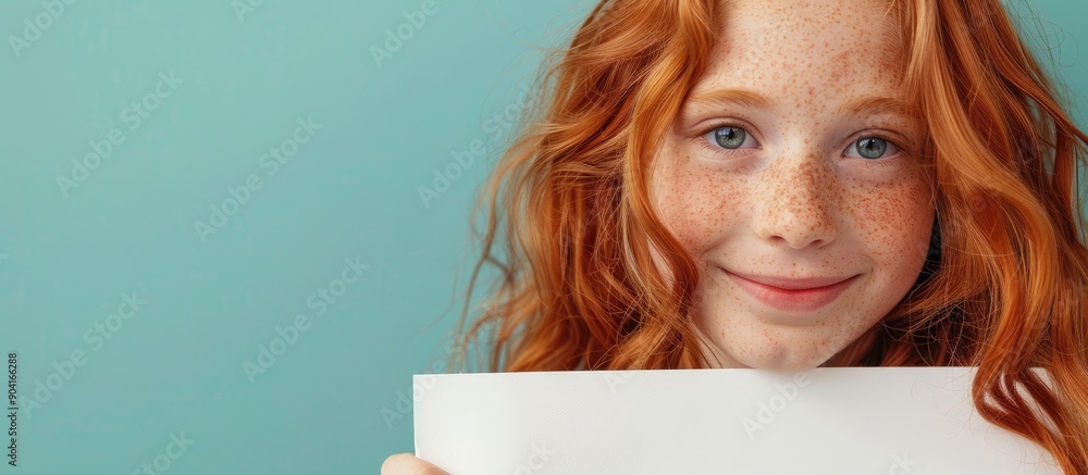 Poster a ginger haired girl with a captivating smile holds a blank sign in a close up portrait against a so