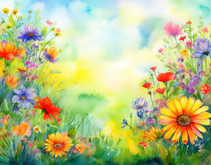 Fototapeta premium Bright Summer Floral Art Illustration Flowers Background with Copy Space for Advertising Text