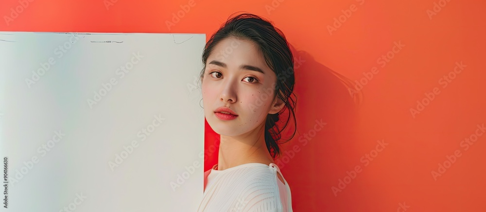 Poster beautiful young asian woman posing with a blank white billboard on a colored background ideal for ad