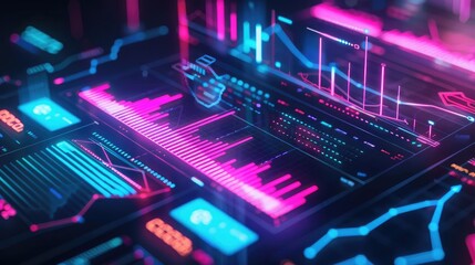 Fototapeta premium Business impact, holographic price reduction, futuristic financial crisis, neon tech design