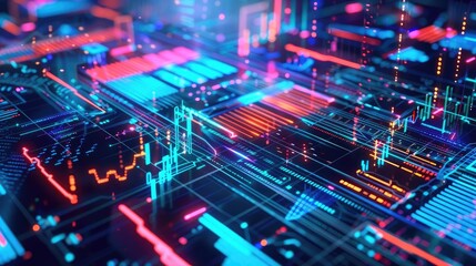 Fototapeta premium Business losses, holographic price drop, futuristic economic downturn, neon digital interface