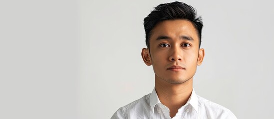 Asian Indonesian man in white shirt with random expression against white background in copy space image