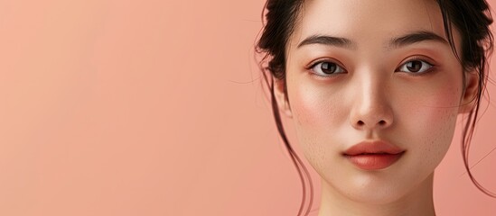 An Asian woman with flawless skin and a self assured look stands against a simple backdrop suitable for advertising skin care products or spa services with ample copy space image