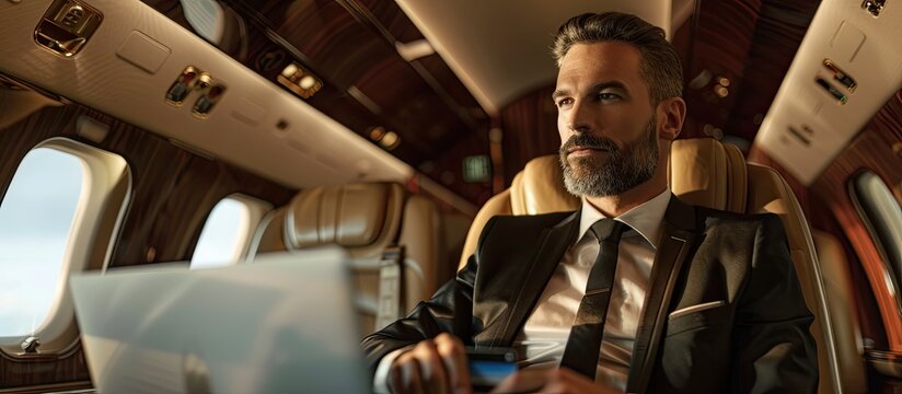 A businessman with a credit card in hand gazes at the camera near a laptop inside a private jet against a backdrop of a luxurious interior with ample copy space image