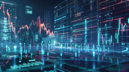 Financial decline, holographic price drop, futuristic business impact, dark digital background