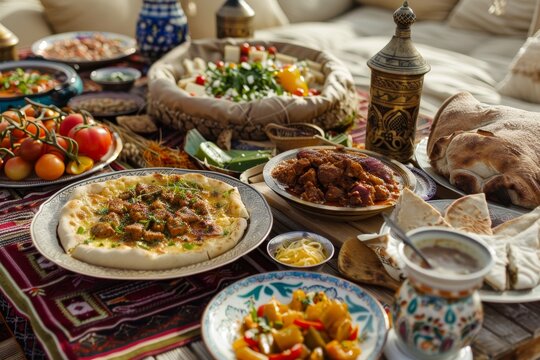 Kazakh feast with traditional dishes in a yurt