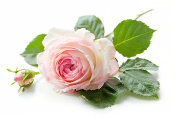 Light pink roses isolated on white background with buds leaves and tea rose aroma