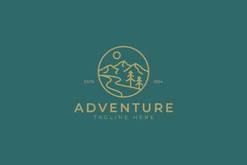 Scenic Adventure Logo Badge Design Featuring Mountains, River and Trees Illustration Element