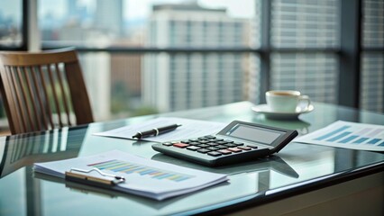 A calculator placed on paper in the office is used for financial calculations.