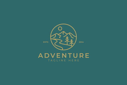 Scenic Adventure Logo Badge Design Featuring Mountains, River and Trees Illustration Element