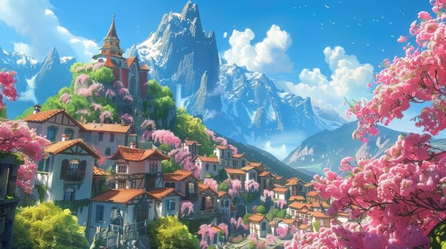 A quaint town on a flower-covered mountain in a serene heavenly landscape