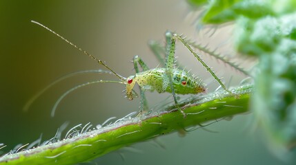 Fototapeta premium A small aphid on a green stem captured in minute detail