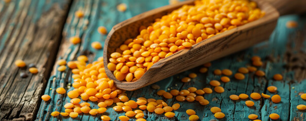 A close-up of a wooden scoop filled with yellow lentils, against a rustic backdrop to showcase their bright color.
