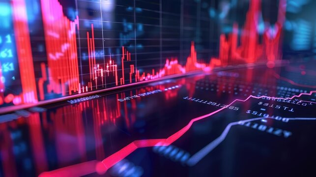 Holographic stock decline, virtual business crisis, futuristic price drop, neon digital interface