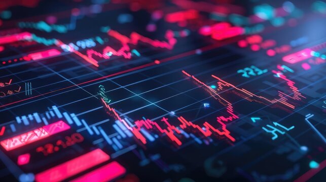 Holographic stock decline, virtual business crisis, futuristic price drop, neon digital interface