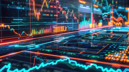Holographic stock price drop, virtual business decline, futuristic economic impact, neon interface