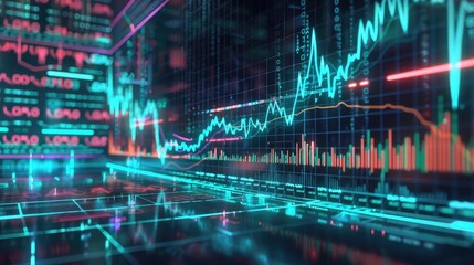 Obraz premium Holographic stock price drop, virtual business decline, futuristic economic impact, neon interface