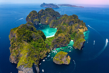Travel drone photo of Phi Phi Leh with Maya Bay and Pileh Lagoon, Krabi province, Thailand. Aerial...