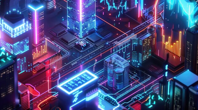 Price decline, holographic business struggle, futuristic economic downturn, neon design