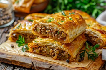 Slobbery samsa with ground meat in flaky pastry