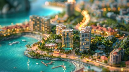 Generate a photo realistic image of a maquette representing a tourist destination with resorts, attractions, and natural landscapes; ensure the image is of high resolution for clear