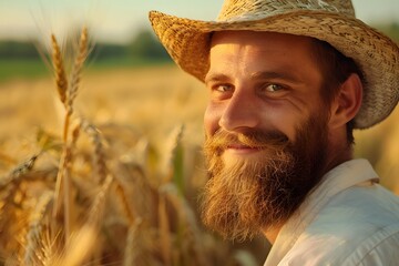 Fototapeta premium A smiling farmer wearing a straw hat stands in a golden wheat field under a clear blue sky. His expression reflects contentment and a connection to the land he works on. 