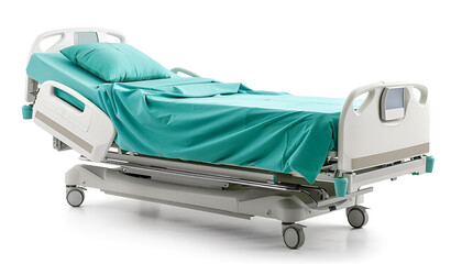 Modern Hospital Bed with Adjustable Features and Teal Mattress Isolated on white background