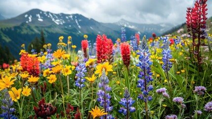 A vibrant mountain meadow in paradise filled with flowers of every color