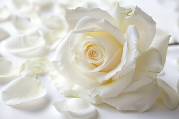 White rose and petals on white background perfect for greeting cards Suitable for weddings birthdays Valentine s Mother s Day