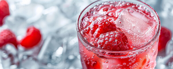 Close-up of a refreshing beverage with ice on a flat surface, allowing for text space in the frame.