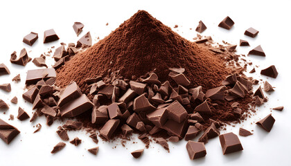 Fototapeta premium Chopped Chocolate- Pile of chopped, milled chocolate isolated on white, top view for a deta_1(71)