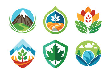 Obraz premium Set of Nature-Inspired Logos with Mountains, Leaves, and Trees