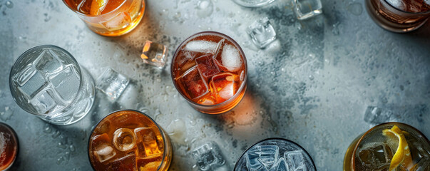 Top-down perspective of assorted drinks with ice on a gray surface, with space for text prominently featured in the center.