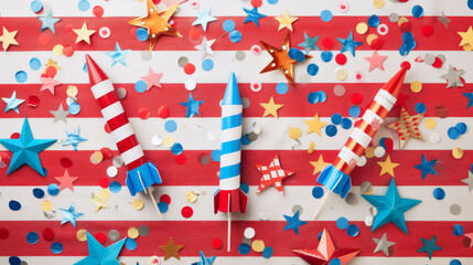 Naklejka premium A festive flat lay for the 4th of July with firework rockets and confetti on a striped red and white background. Blue stars and other patriotic decorations are scattered throughout the composition.