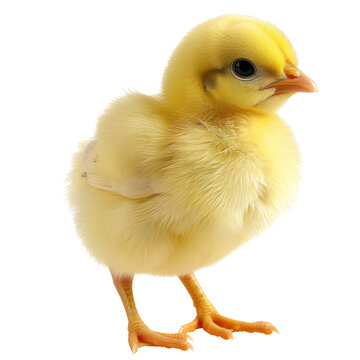 Isolated small, fluffy yellow chick standing upright