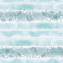 Seamless background with marine rope, shells, nautilus, fish and starfish on blue watercolor stripes. Abstract marine background. Vector. Perfect for design templates, wallpaper, wrapping, fabric, pr