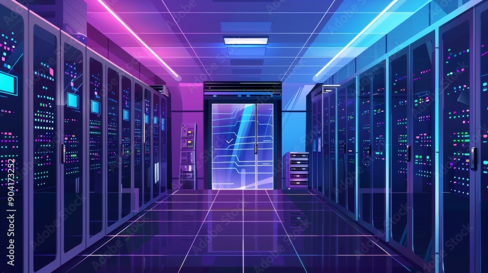 Poster modern data center with computer servers