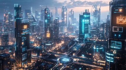 Futuristic cityscape with prominent financial declines, futuristic business decline, economic troubles in a tech-dominated future