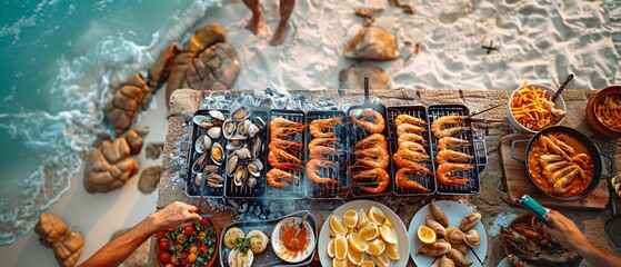 Fototapeta premium Summer Fun Beach BBQ with Friends Cooking Grilled Seafood Delights on Sandy Shore with Ocean View
