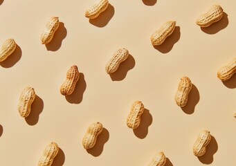 Flat lay of roasted peanuts on a beige background, showcasing their natural earthy tones and textures Perfect for food related themes and healthy snacking concepts