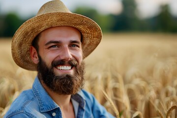 Fototapeta premium A smiling farmer wearing a straw hat stands in a golden wheat field under a clear blue sky. His expression reflects contentment and a connection to the land he works on. 
