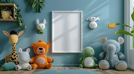 Whimsical animal-themed frame mockup adding fun and lively touch to decor, playful design concept.