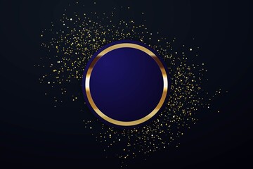 Abstract blue and gold circle with glitter on black background.
