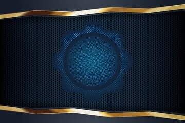 Abstract blue and gold design with a hexagonal background.