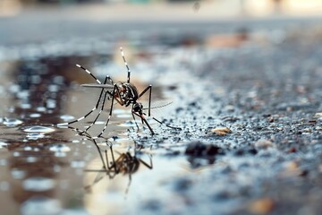 Aedes mosquito near a stagnant water puddle