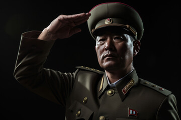 North Korean Military Officer Saluting With Determination and Authority in a Dark Setting